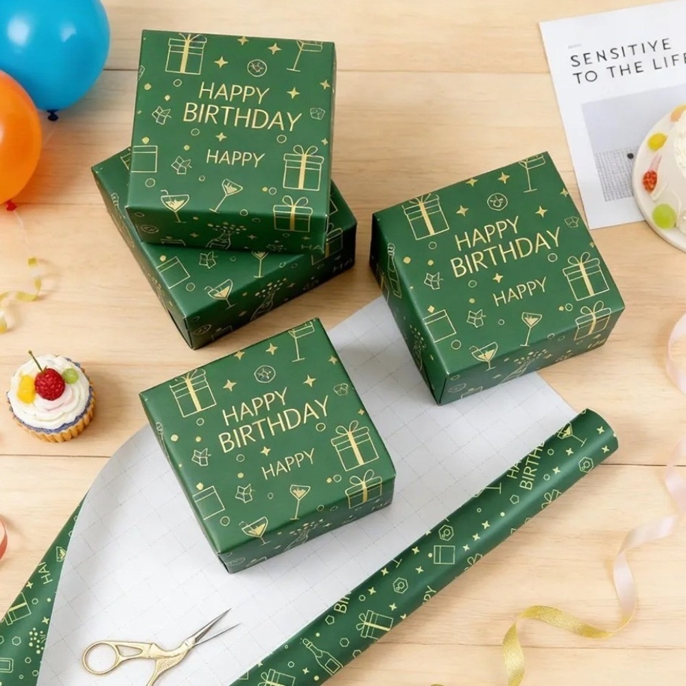 Birthday Wrapping Paper Roll 17 Inch x 33 Feet Green Gold Foil Party Wrap